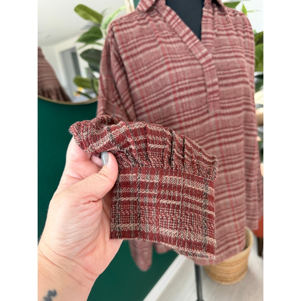 In Loom Plaid Tunic Blouse Size S Mahogany Cotton Linen Boho Academia Lagenlook - Picture 4 of 11